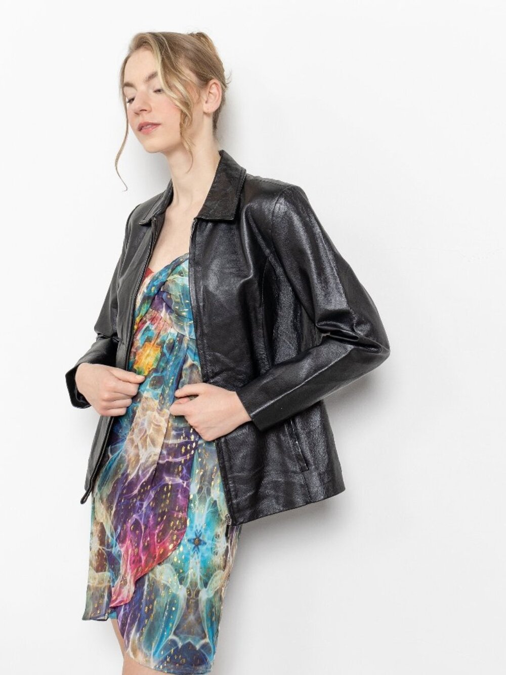 BLACK LEATHER BLAZER Vintage Zip Up Jacket Coat Woman 90's / Small Xs